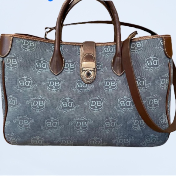 Dooney & Bourke Handbags - Dooney & Bourke Bag Large Logo Denim Blue Brown Canvas Leather Tote